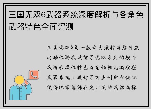 三国无双6武器系统深度解析与各角色武器特色全面评测